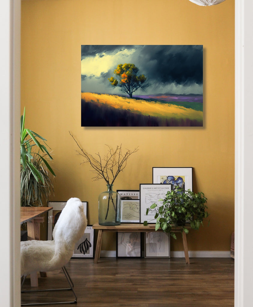 A framed horizontal nature wall art  scene with stormy clouds and a lone tree.