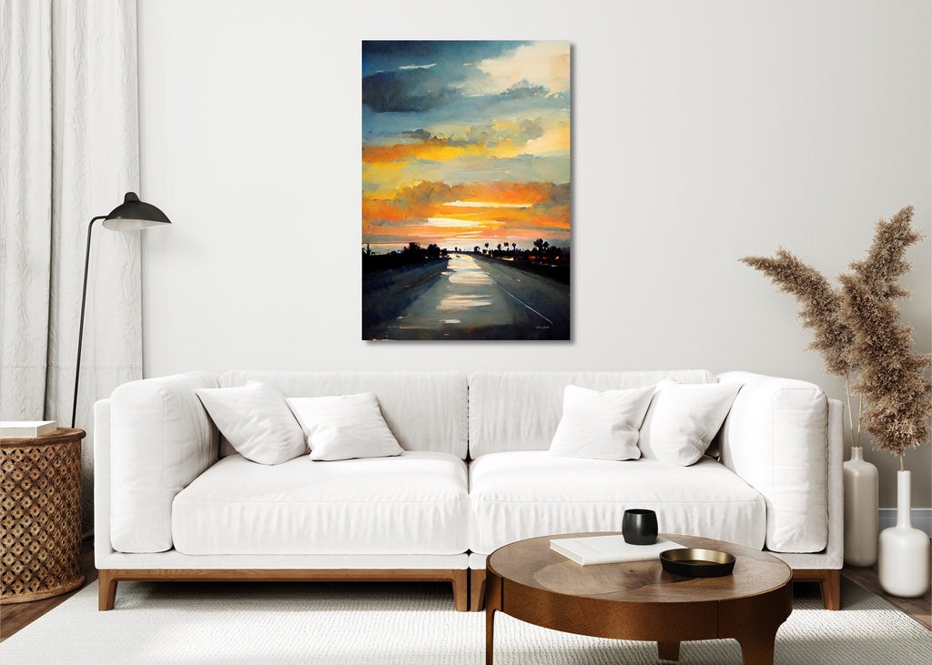 A modern travel artwork in warm sunset colors.