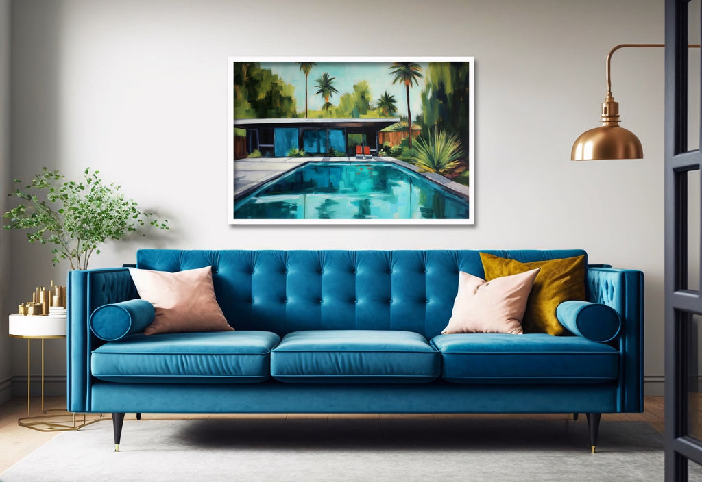 A mid century modern house wall art in blue and green.