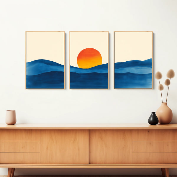 A 3 piece minimalist sunset canvas art set.