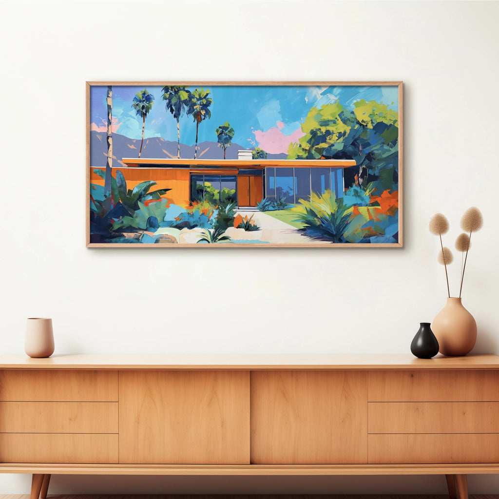 A panoramic mid-century modern house print showcases clean lines, bold architecture, and vintage charm in a serene California setting.