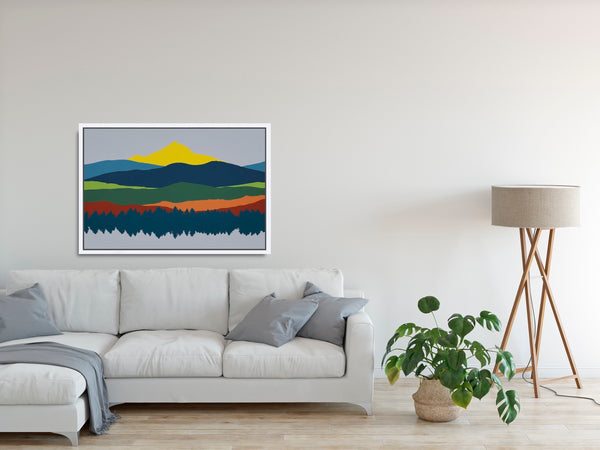 Framed Mt Hood Canvas Artwork in Gray, Blue, Red and Orange.