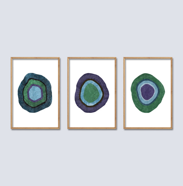 3 Piece Abstract Geode Wall Art in Blue, Green and Purple.