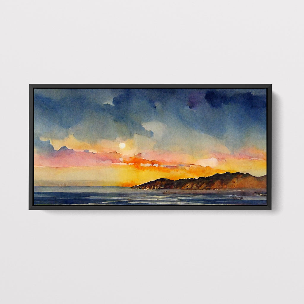 Abstract Coastal Sunset Painting in Blue and Orange.