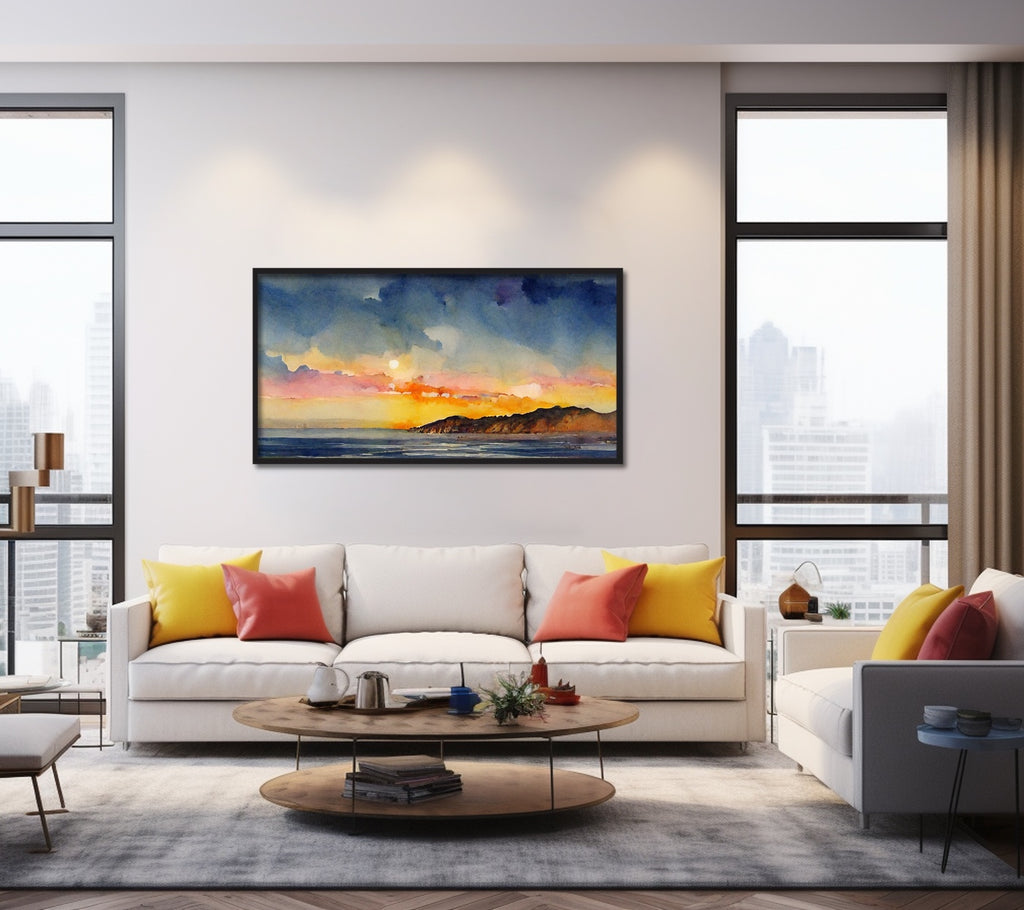 Modern watercolor panoramic coastal landscape artwork.