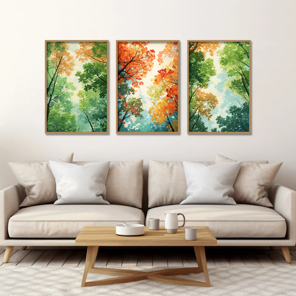A framed Forest Landscape Wall Art Set in Green and Red.