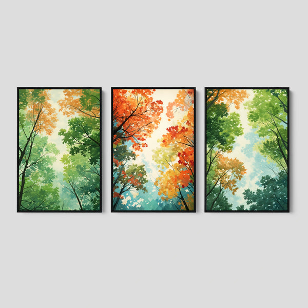 A set of three maples trees art prints in Green and Red.