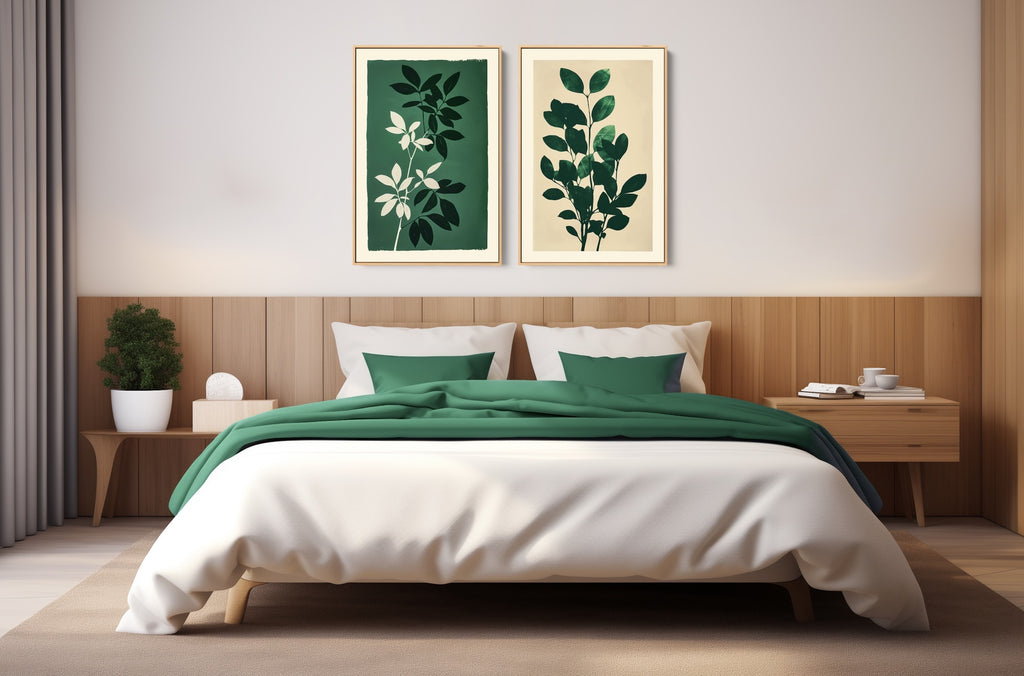 An abstract botanical boho artwork on framed canvas.