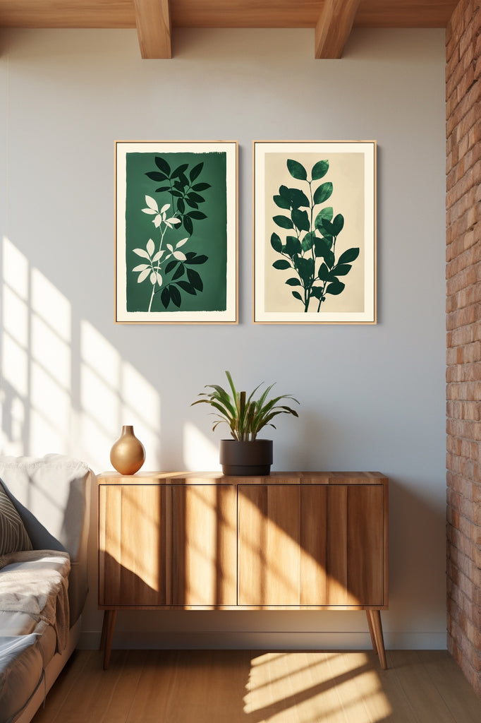 An minimalist floral wall art set in green. 