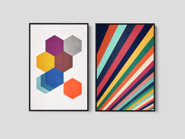 2 Piece Mid Century Abstract Set featuring a hexagon print and a colorful stripes print.