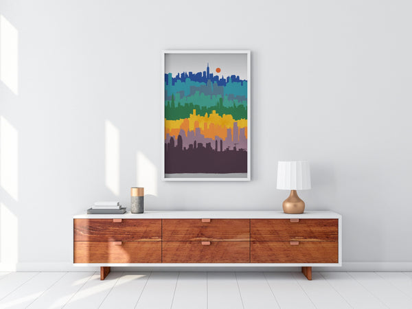 A bright minimalist mid century city artwork.
