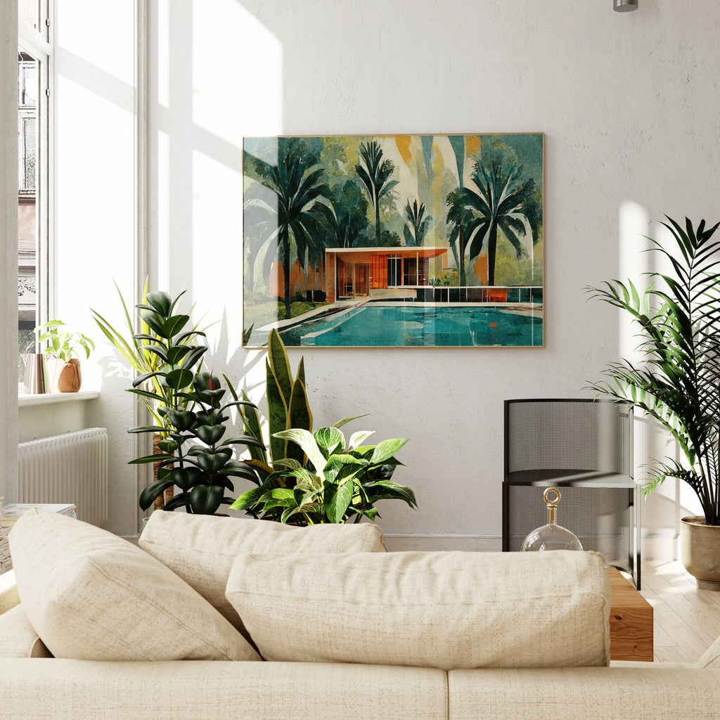 Best selling mid century modern artwork with house, pool and palm trees.