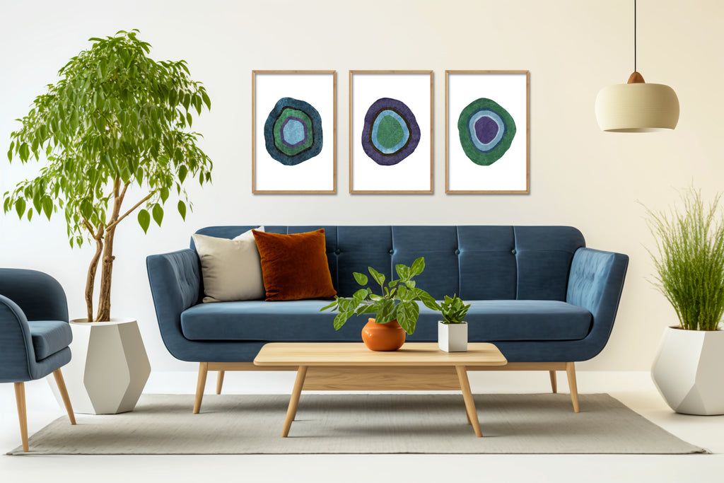 A set of three modern abstract geode art prints on fine art paper or canvas, framed or unframed.