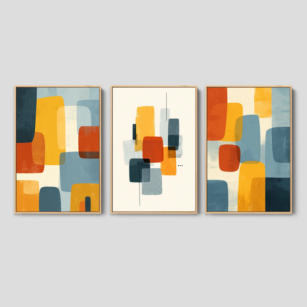 3 piece abstract art set in mid century colors.