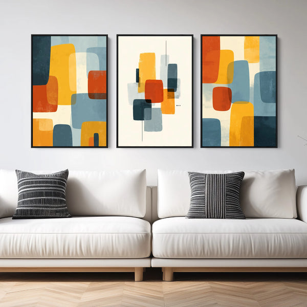 Framed abstract wall decor set in muted blue, red and orange.