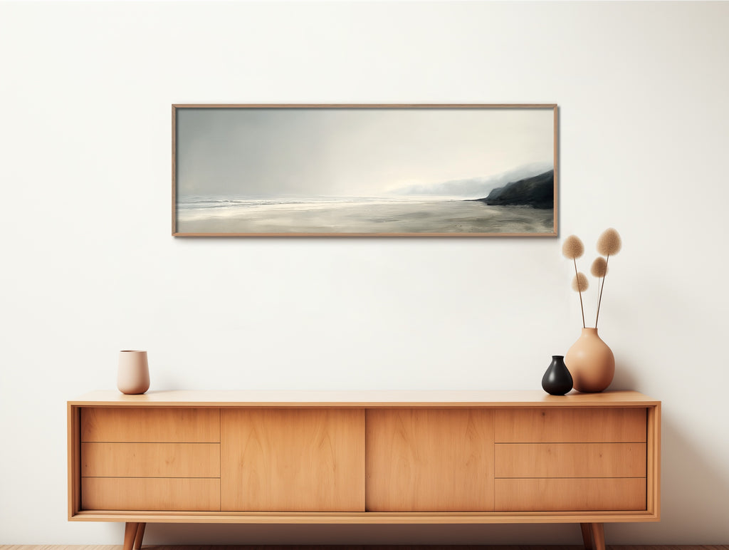 A large minimalist landscape artwork featuring a peaceful seaside scene.