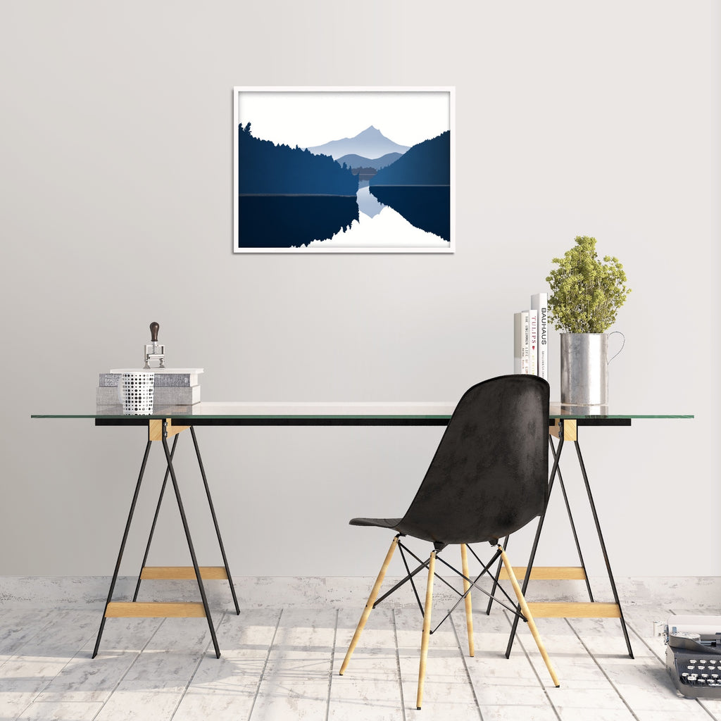 A tranquil nature lake canvas art print in navy blue. 
