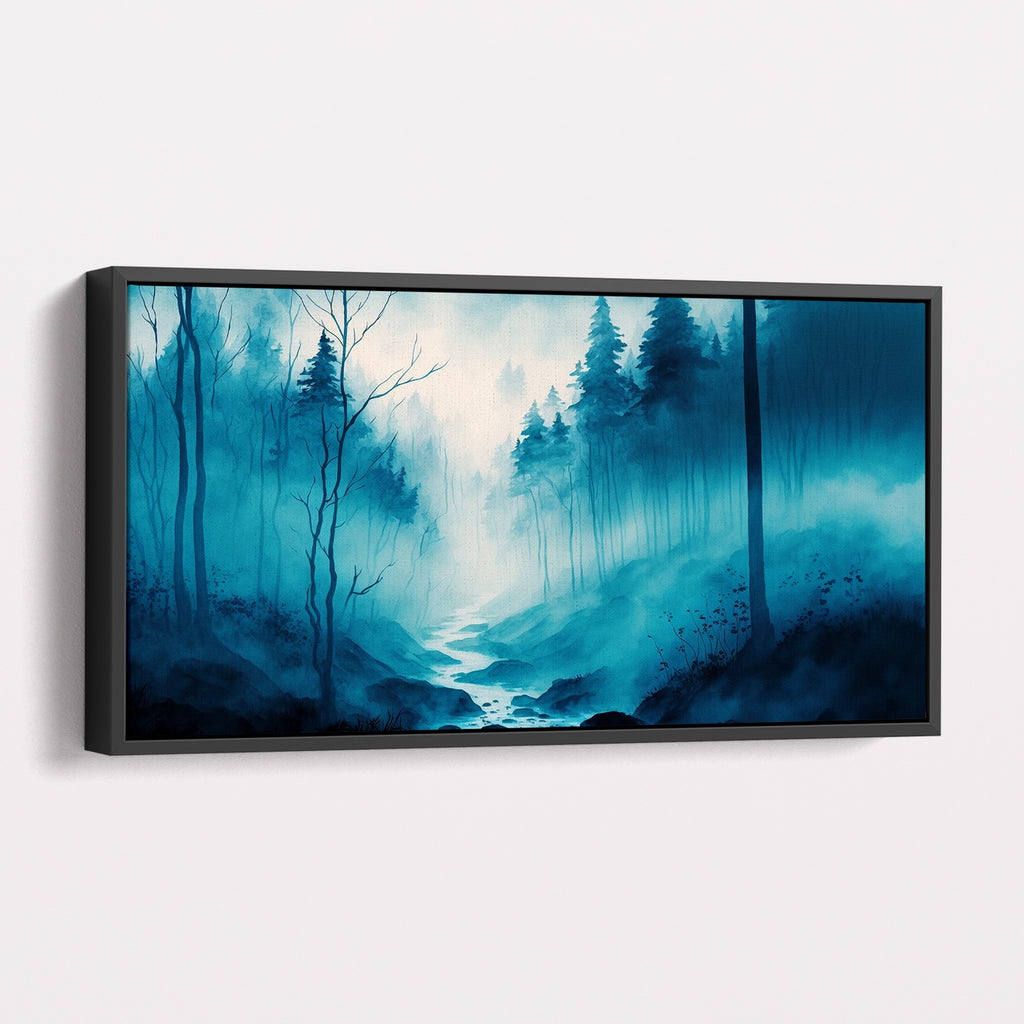 Framed Misty Forest Canvas Art in Shades of Blue.