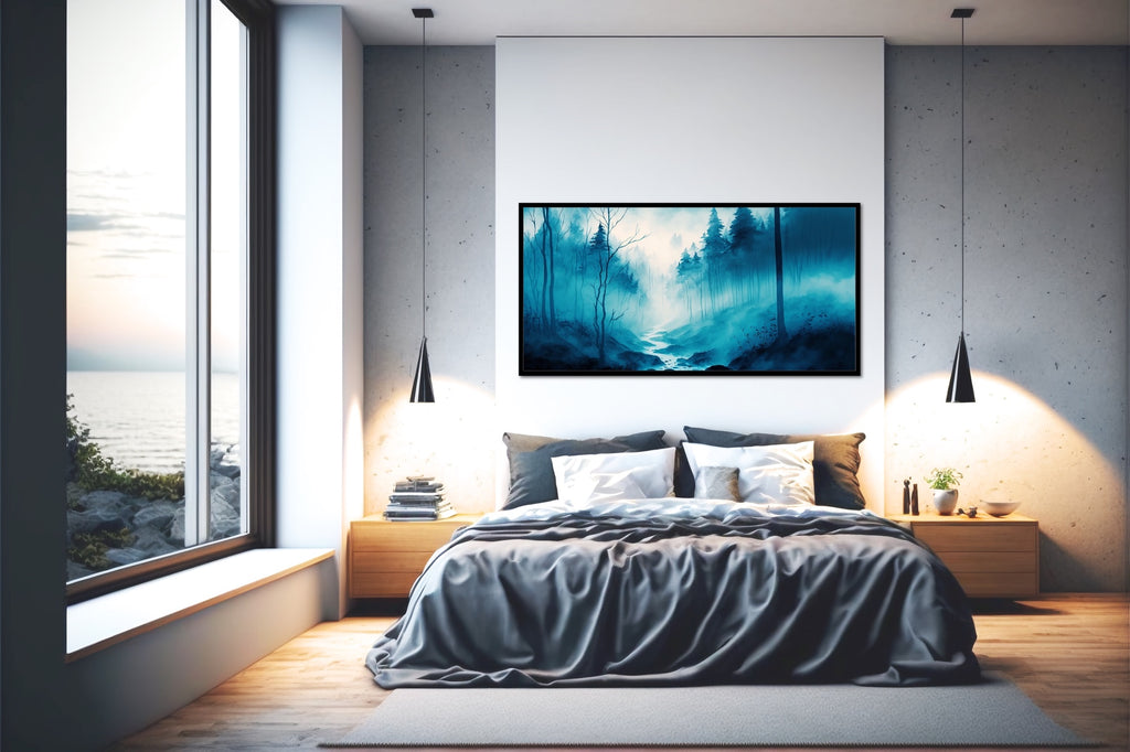 A large forest landscape art print in blue. 