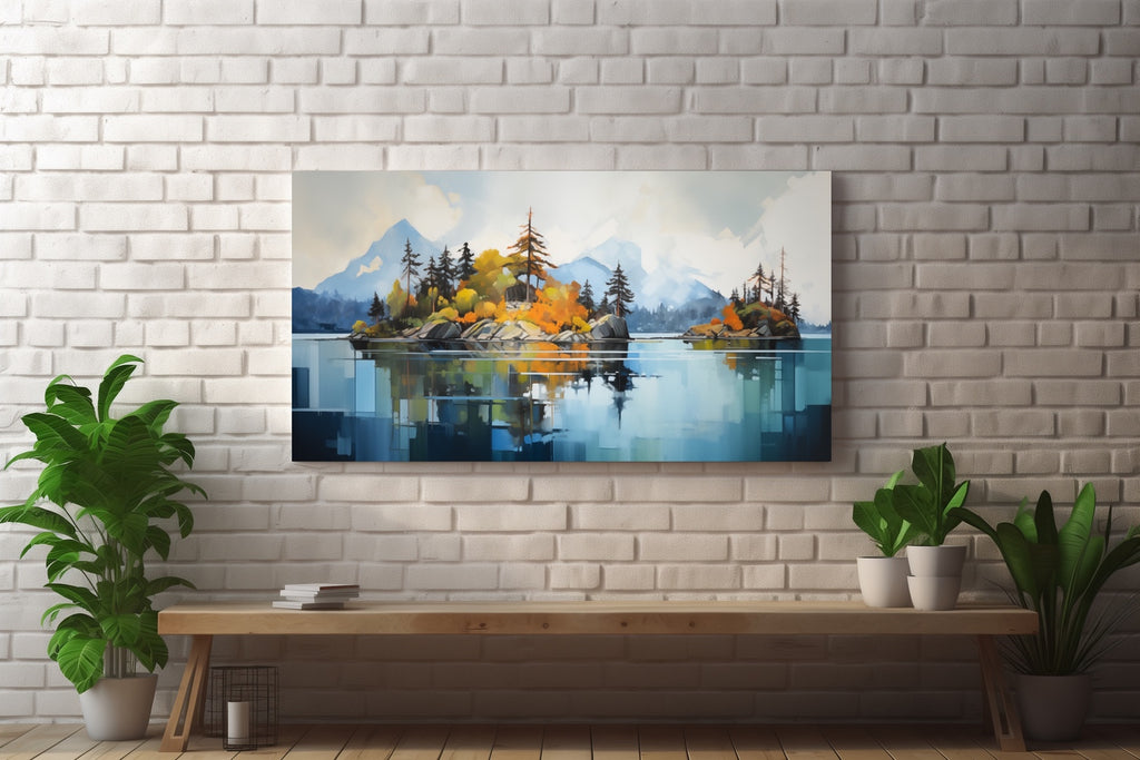A large landscape art print featuring a tranquil lake scene.