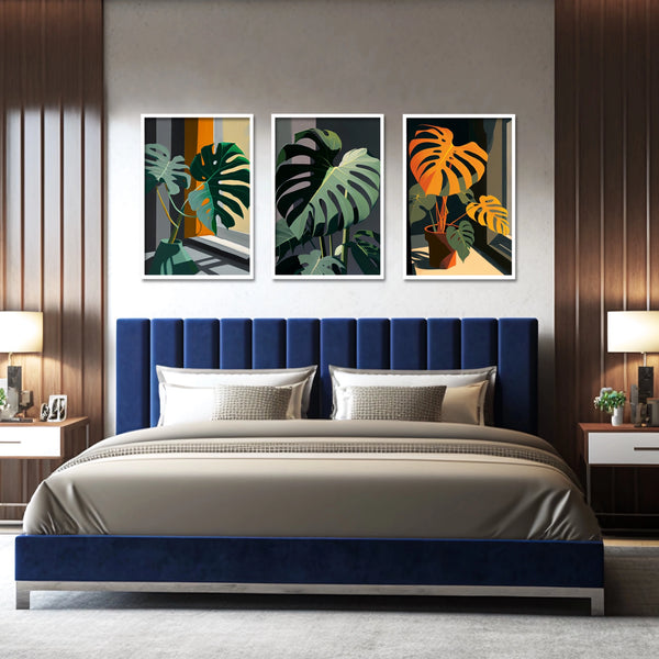 3 piece boho botanical monstera plant canvas art in warm tones.