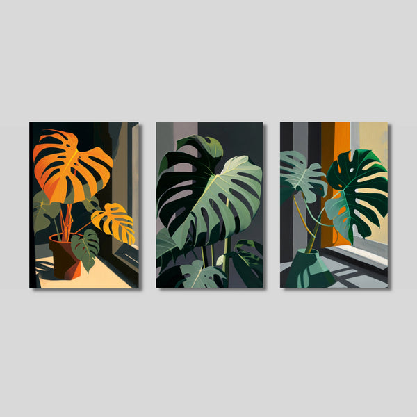 Monstera Leaves Botanical Wall Art Set in Green and Orange.
