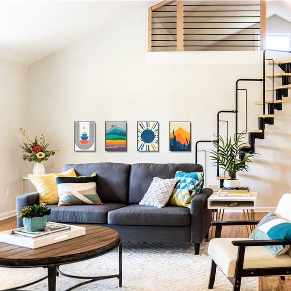 A mixed set of four abstract and minimalist landscape wall art prints.