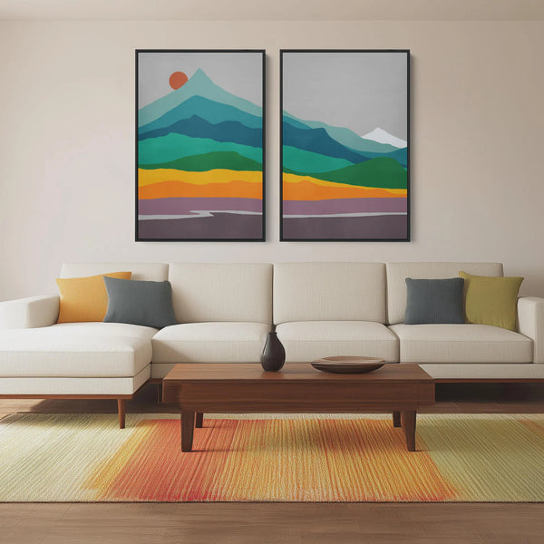 Cool blue mountains rise above warm orange and yellow foothills and the purple sage of the plains in this mid century modern artwork set.