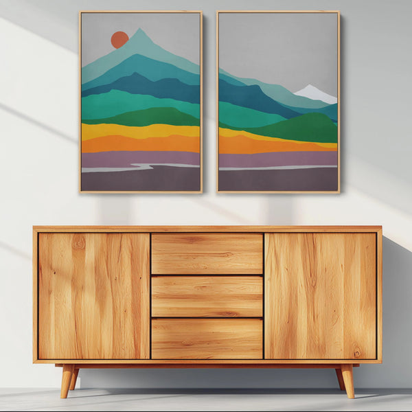 2 piece minimalist landscape art set in warm mid century colors.