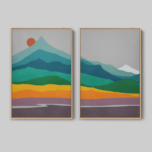 Mid Century Mountain Wall Art Set in Warm Colors.
