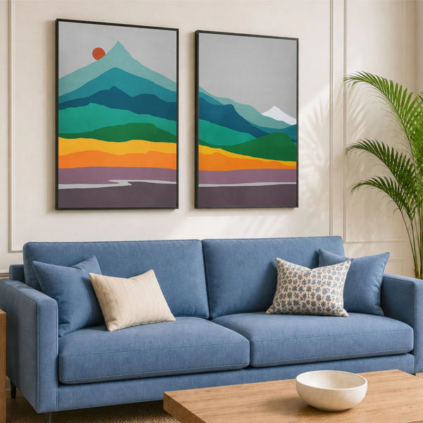 Cool blue mountains rise above warm orange and yellow foothills and the purple sage of the plains in this mid century modern artwork set.