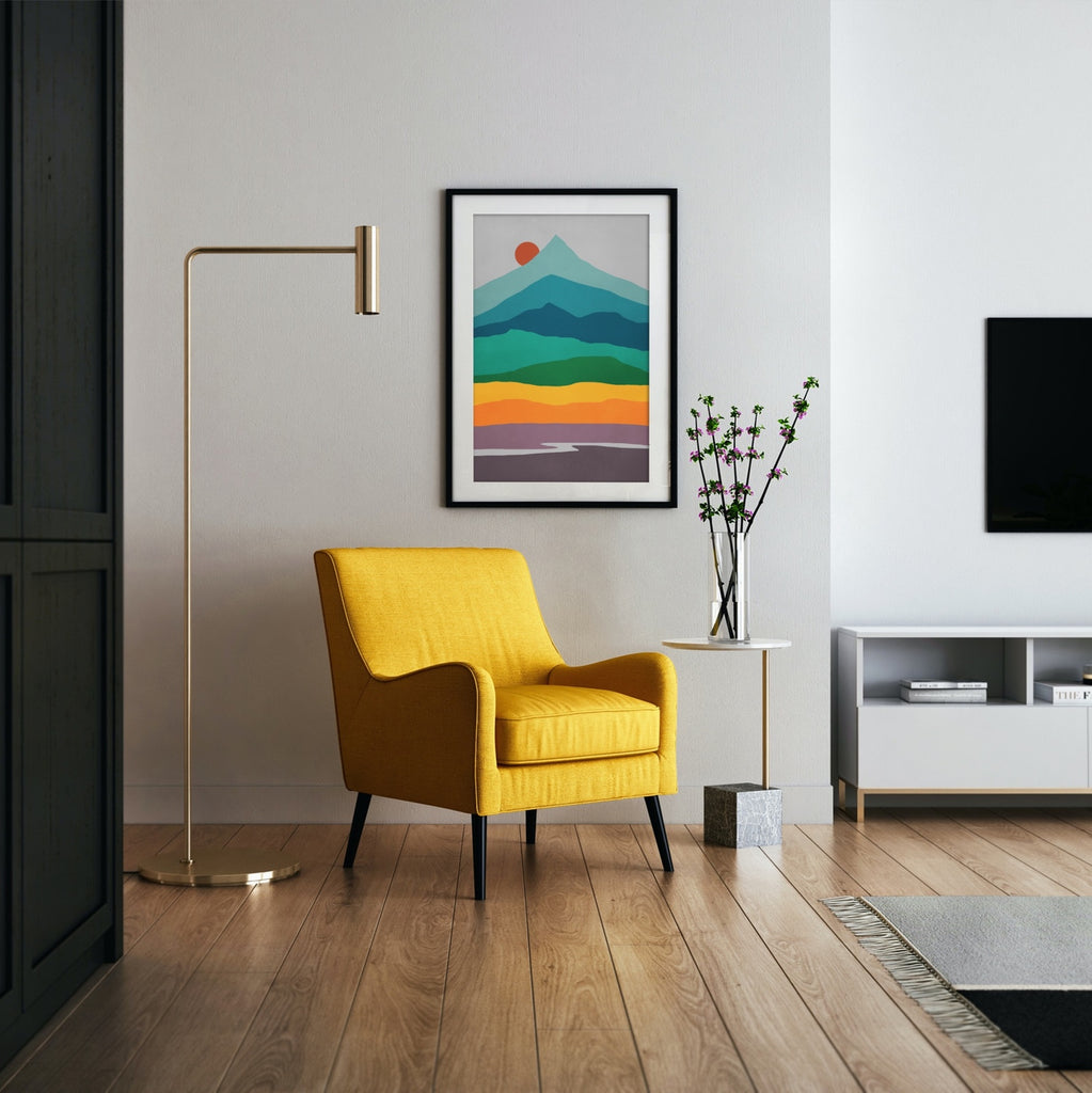 Minimalist Mountain Landscape Artwork in Warm Mid Century Colors.