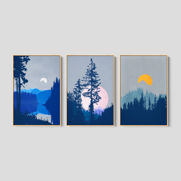3 Piece Bedroom Wall Art Print Set in Blue and Gray.