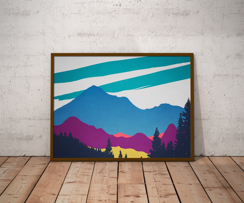Mount Shasta Minimalist Art Print in Vibrant Hues.