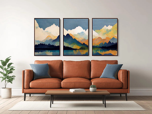 A 3 panel abstract watercolor nature wall decor in earthy tones.