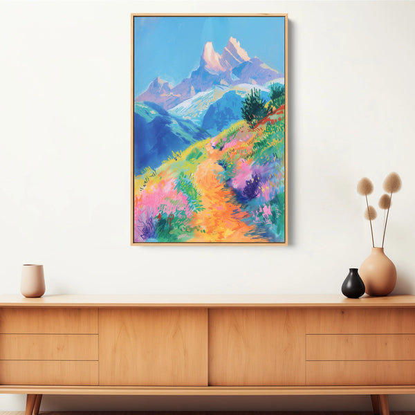 This pastel mountain print features the quiet beauty of a winding trail through serene peaks.