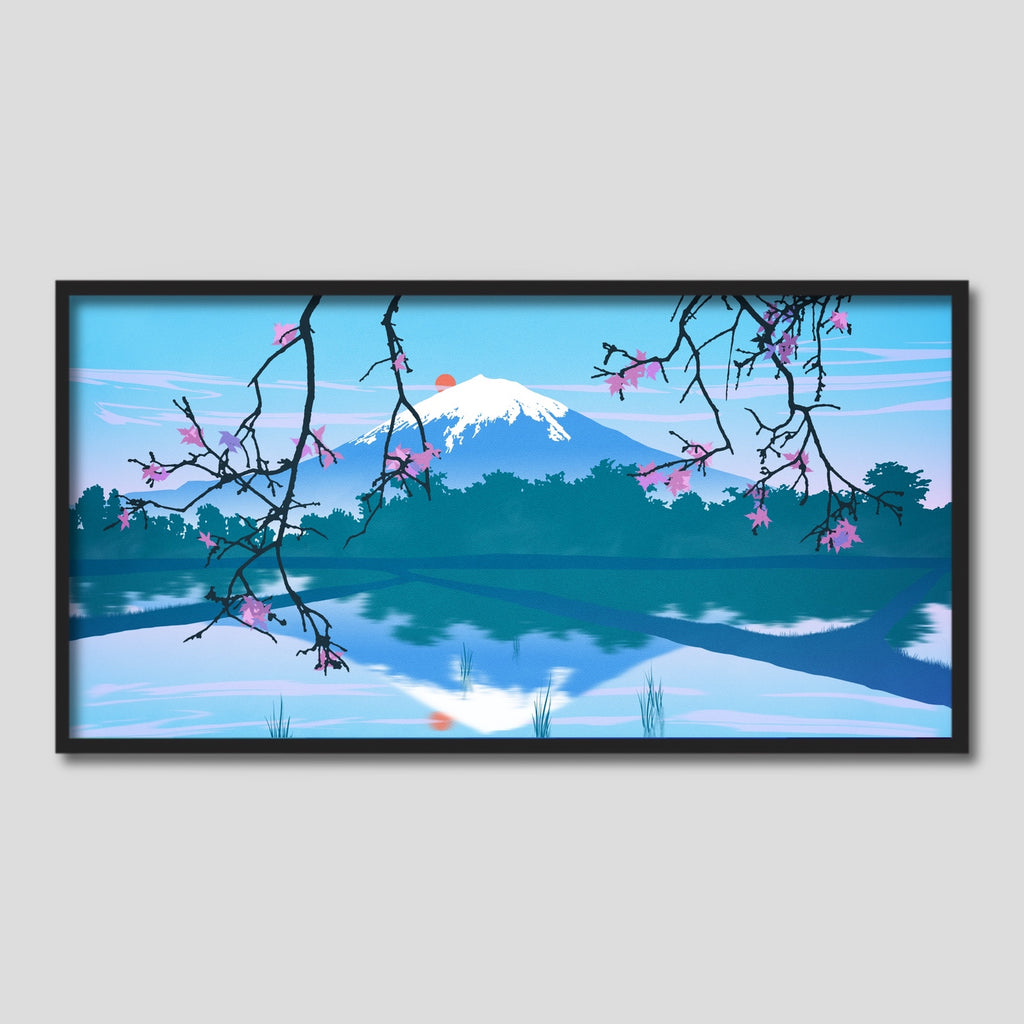 Mt Fuji Wall Art Print in Blue, Green and Pink.