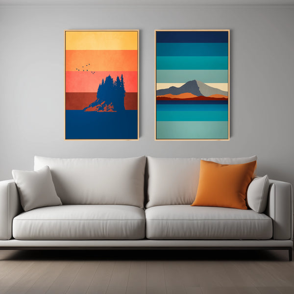 A vibrant minimalist PNW landscape wall art set.