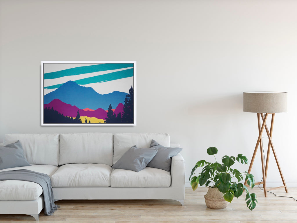 A mid century modern landscape artwork of Mount Shasta, California.