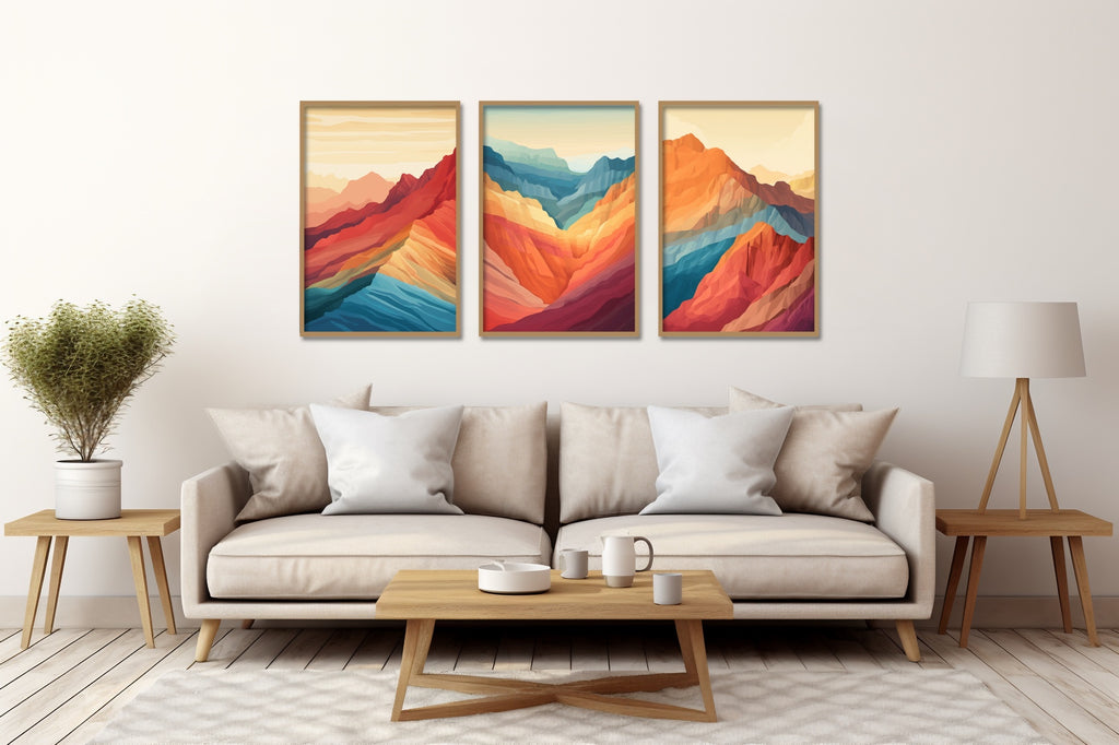A framed 3 piece mountain landscape art print set in vivid hues.