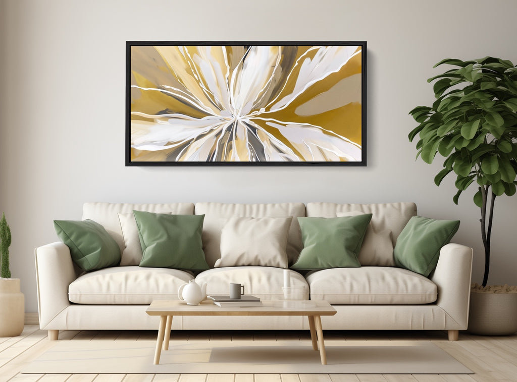 Large abstract botanical boho art print in mustard and cream.