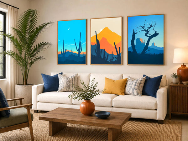 A set of three desert scenery prints on fine art paper or canvas, framed or unframed.
