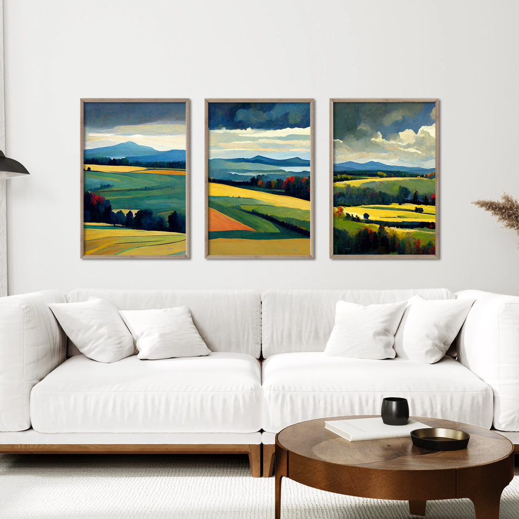 A set of three rural landscape prints in vibrant colors.
