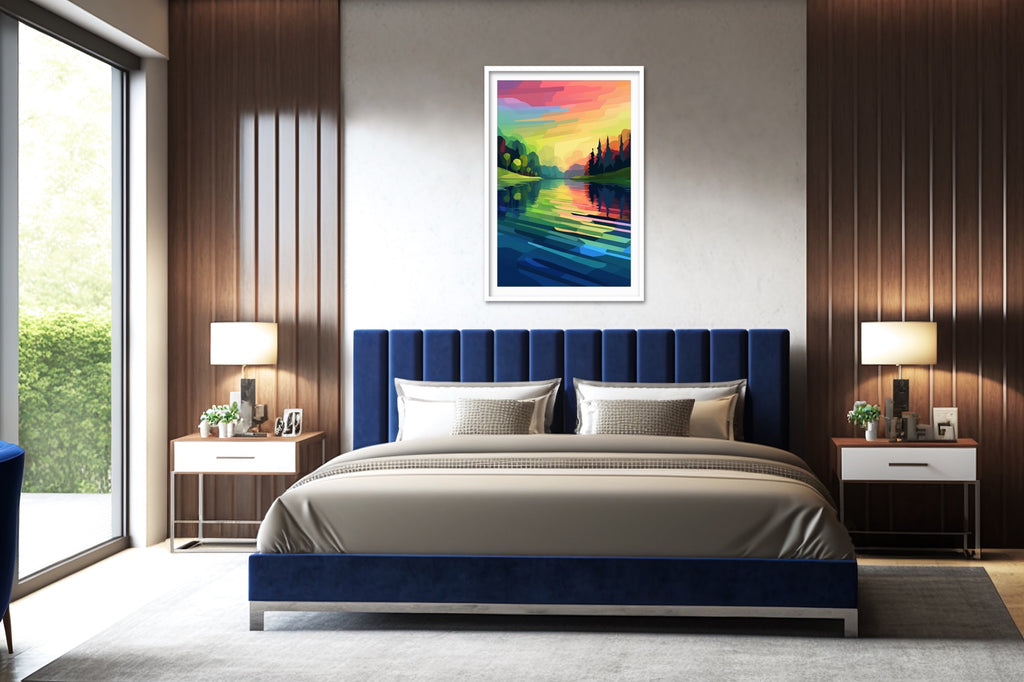 A vertical colorful abstract landscape art print.