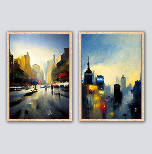 Framed abstract New York city canvas art set.