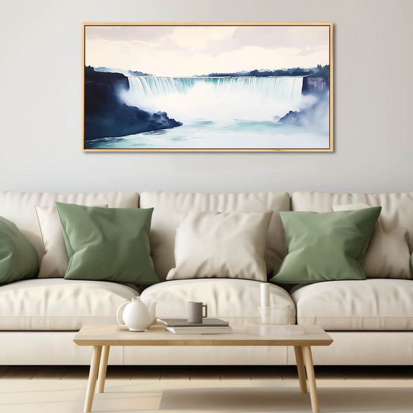 A horizontal artwork featuring a waterfall.