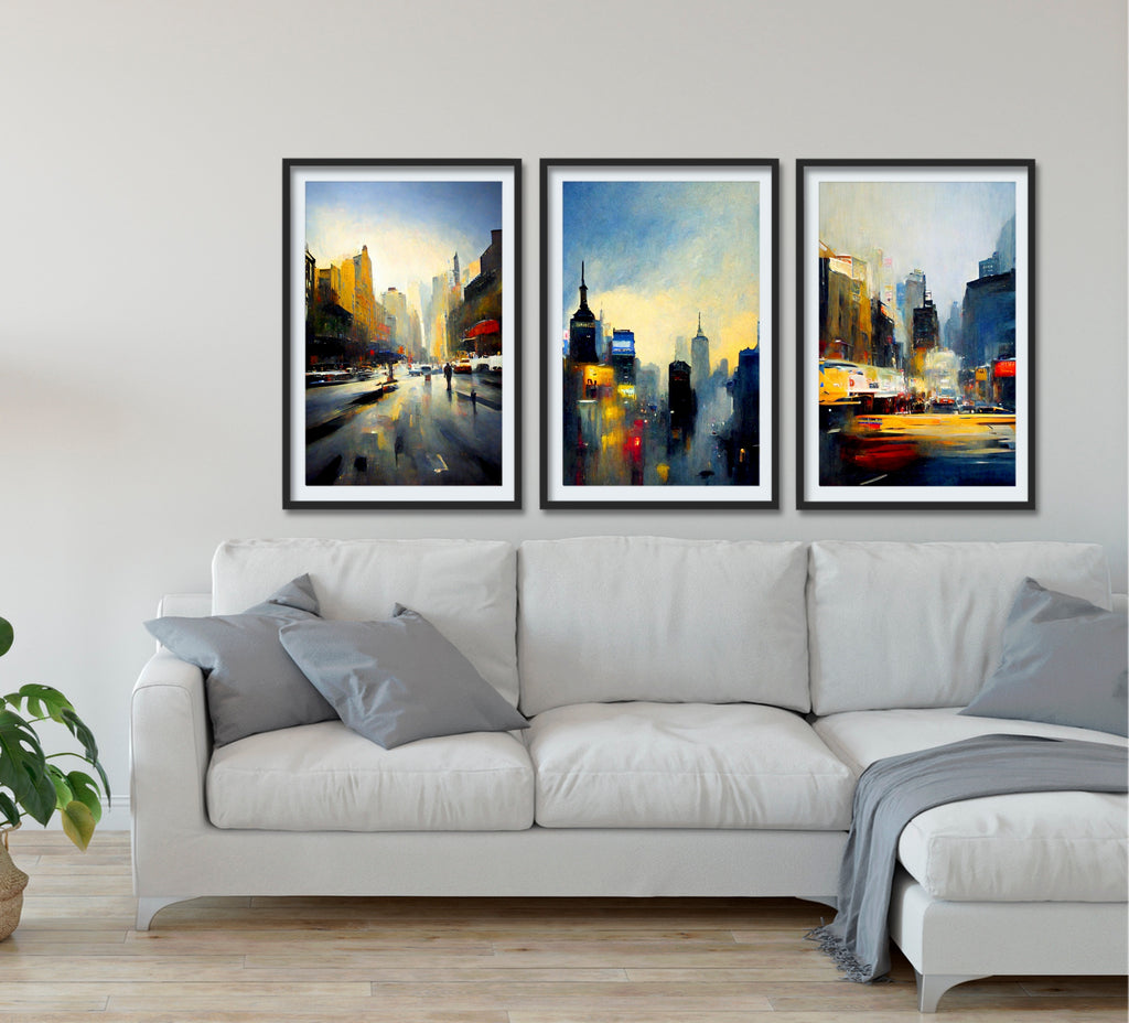 A set of 3 of vibrant New York City artworks on fine art paper or canvas, framed or unframed.