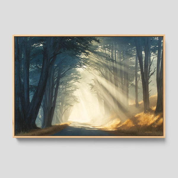 Framed artwork of a forest scene with sunlight filtering through the trees.