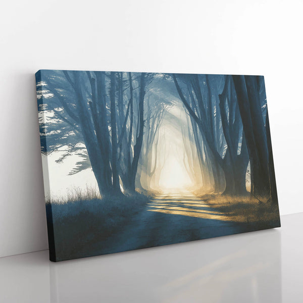 An Oak Trees Nature Artwork featuring a forest path filled with sunlight.