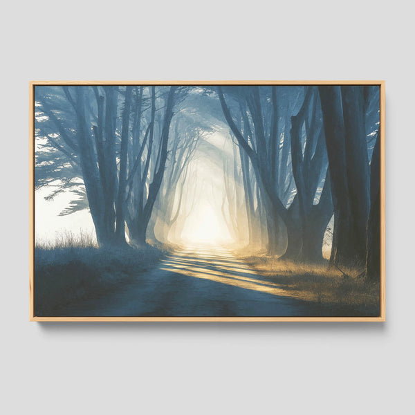 Framed artwork of an oak forest scene with a path leading to light.